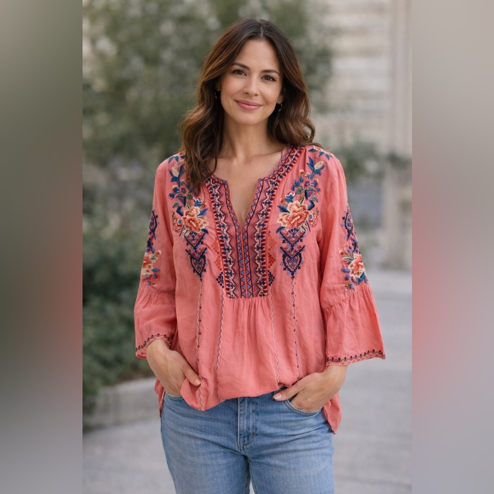 Johnny Was Workshop Marion Flare Sleeve Cotton Coral Embroidered Blouse